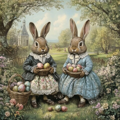 Easter bunnies postcard, illustration, graphics