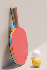 A colorful ping pong paddle and two balls, perfect for a fun game of table tennis. 3d rendering