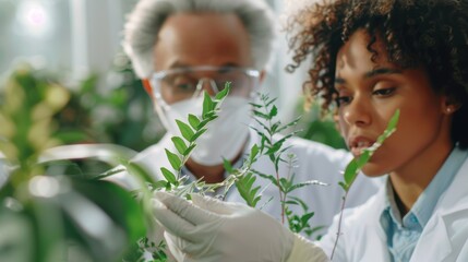 Study involving individuals with plants, focusing on science and collaborative growth in agricultural development. Researchers in masks analyzing leaf data