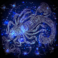 An astrological sign glows against a starry blue background, blending cosmic energy with zodiac symbolism, Generative AI