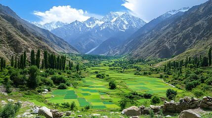 Mountain valley with farmland