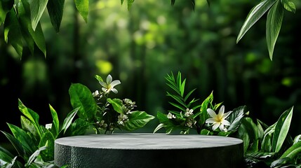 Lush Greenery Product Display: Dark Round Pedestal Amidst Tropical Foliage AI Generated