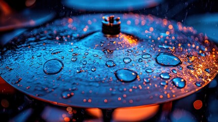 Close-up of a cymbal covered in water droplets, vibrant colors, and bokeh