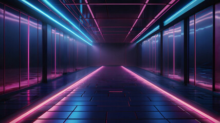 Fototapeta premium 3d render, abstract background, empty stage with neon lights, night club.