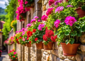 Girona Flower Festival: Vibrant Pink Geraniums & Stone Wall Ivy