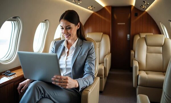 Businesswoman Working on Laptop Inside a Private Jet