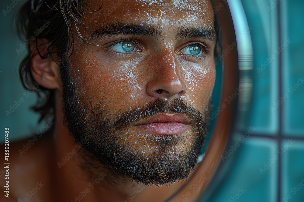 Poster man staring into mirror shaving beard slowly, studying changes in his appearance over time. concept 