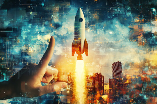 Rocket Launch Over Futuristic Cityscape. Futuristic digital art of a rocket launching over a cityscape, highlighting space travel and imagination. Ideal for innovation or exploration themes.