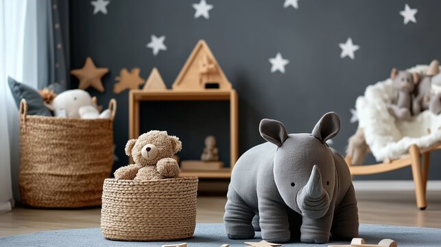 Cozy nursery setup featuring plush toys and soft decor in a playful atmosphere with stars and animal figures