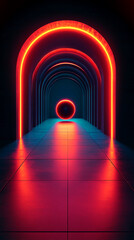 Neon-lit archway corridor with dark sphere, creating a futuristic, mysterious atmosphere suitable for sci-fi or abstract designs, ideal for a digital art showcase
