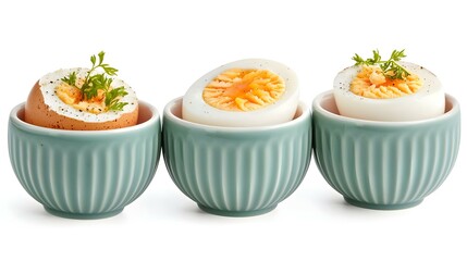 boiled eggs in egg cup isolated on white