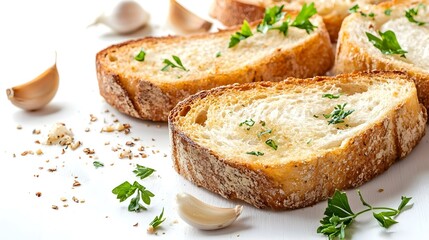 Bread and garlic toast on white background