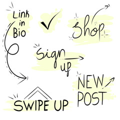 Set of vector buttons for social media. Swipe up, shop, sign up, new post, link in bio, insta story icon