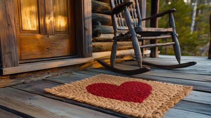Cozy Cabin Entrance with Heart-Shaped Welcome Mat and Rocking Chair