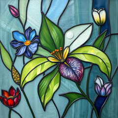Colorful stained glass window. Botanical pattern. Multicolored interior design template.