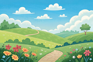 Fototapeta premium Peaceful countryside landscape with a pathway through colorful flowers and hills