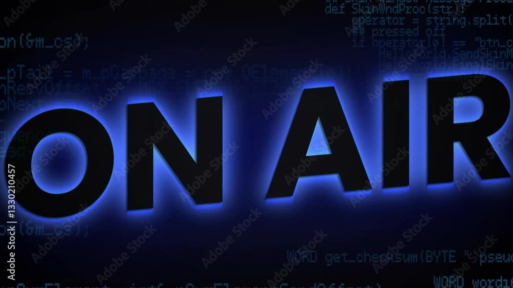Poster glowing on air text over animation of programming code snippets in background