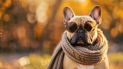 Fototapeta premium French Bulldog Wearing Sunglasses and Scarf in Autumn Park