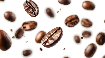 Dark brown roasted coffee beans flying falling