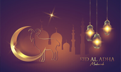 Eid Al Adha Mubarak with Crescent Moon, Goat, Mosque and Lanterns as Background. Gold Luxury template. Celebration of Muslim holiday the sacrifice, vector illustration