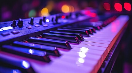Close-up of illuminated digital keyboard in a dimly lit venue.  Keys and controls are sharply focused, while background lights are softly blurred