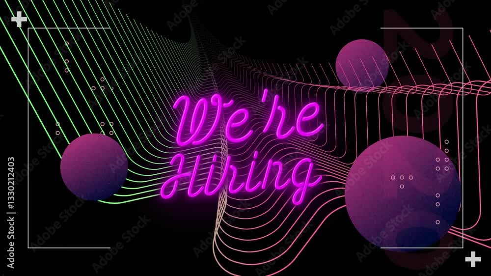 Poster animation of we're hiring text with colorful lines and spheres in background