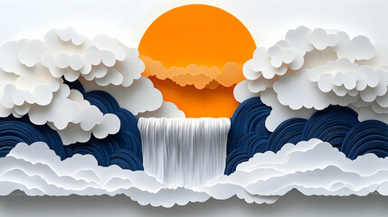 Paper art waterfall sunrise