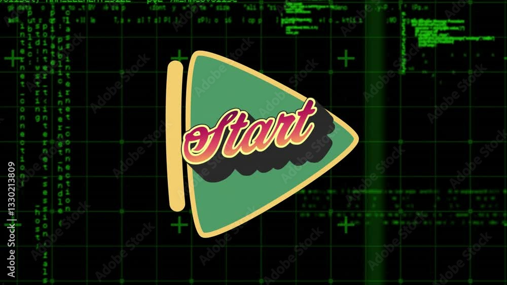 Poster animation of retro start button over digital grid with green coding elements