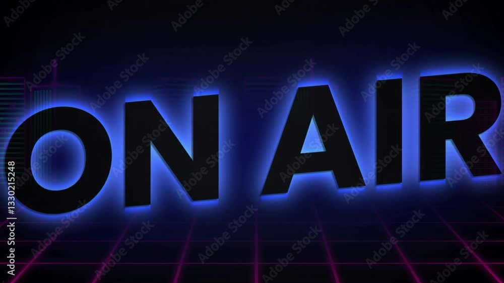 Poster glowing on air animation with neon grid background in retro futuristic style