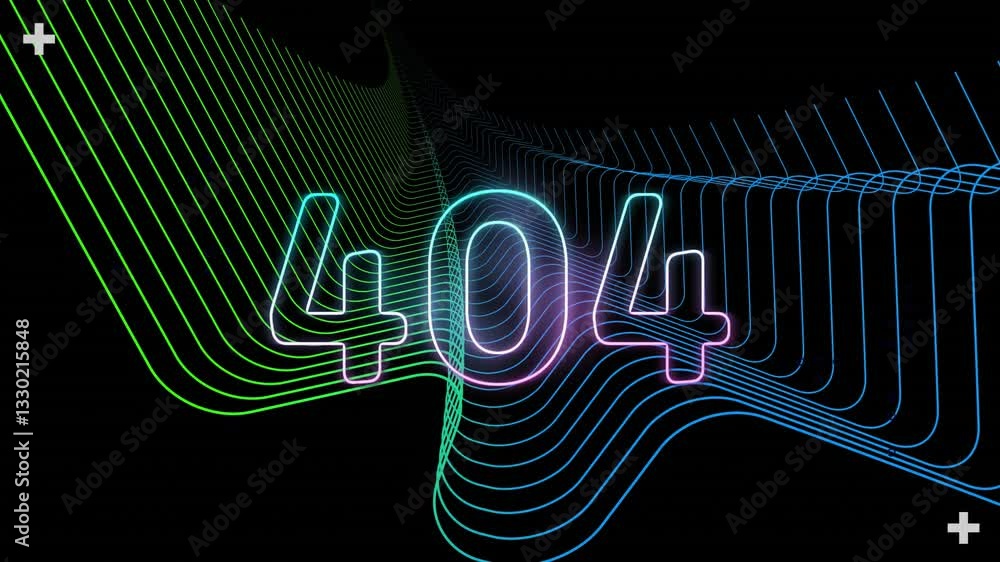 Poster glowing neon 404 text with colorful wave animation on black background