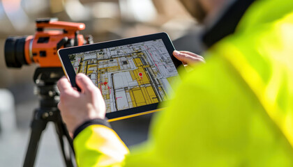 Engineer using an iPad to review construction plans outdoors while wearing a safety jacket, surrounded by building materials and equipment