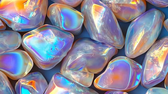 Colorful opal stones with a glossy surface, displaying a spectrum of iridescent colors including blues, oranges, and purples. The stones are arranged closely together.