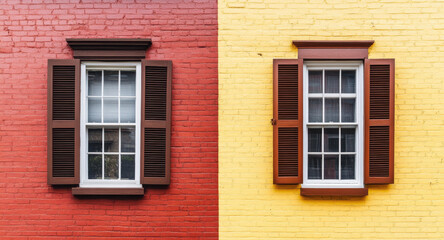 Fototapeta premium A colorful American house displays a red brick exterior on one side and a yellow wall on the other, featuring matching windows and shutters