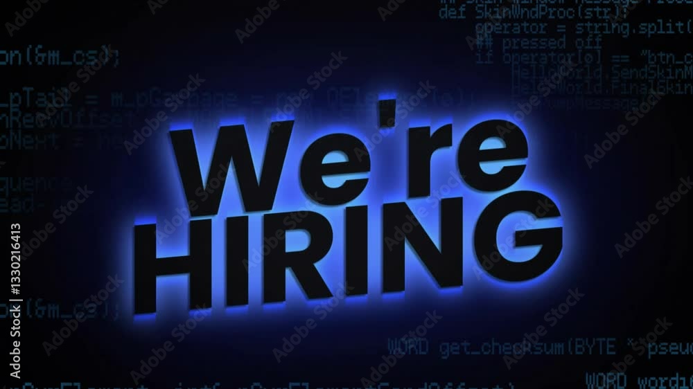 Poster animation of we're hiring text glowing over dark background with coding elements