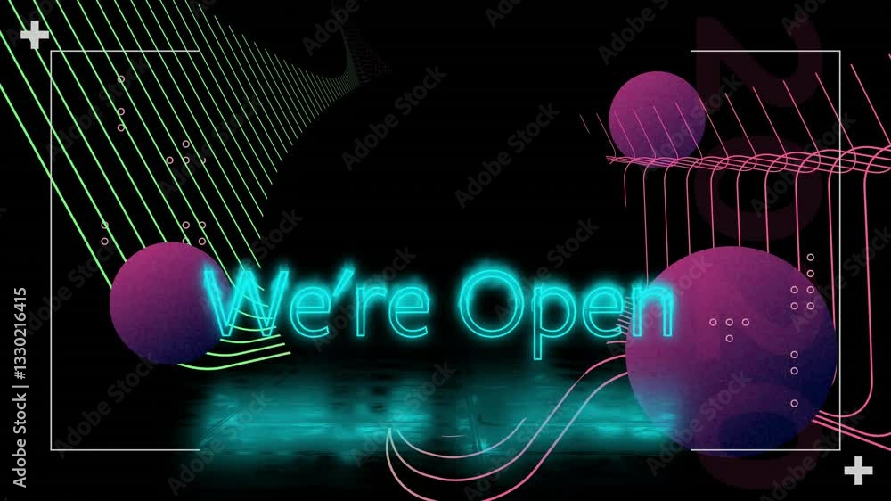 Poster neon animation of we're open text with abstract shapes and lines on black background