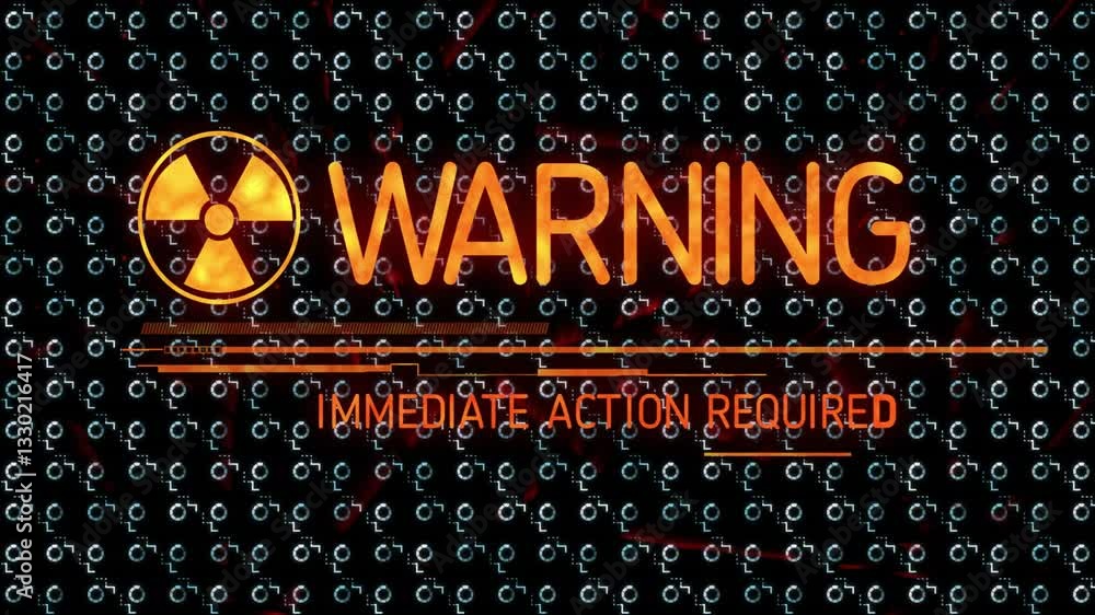 Poster warning text over digital circuit pattern with animation for urgent action needed