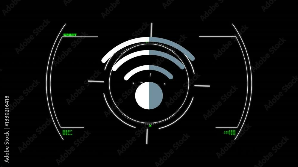 Poster animation of wi-fi signal icon with digital elements on black background
