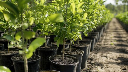 Rows of young potted trees in a plant nursery