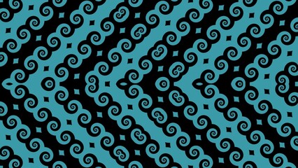 Abstract black and teal swirling pattern with intricate geometric symmetry