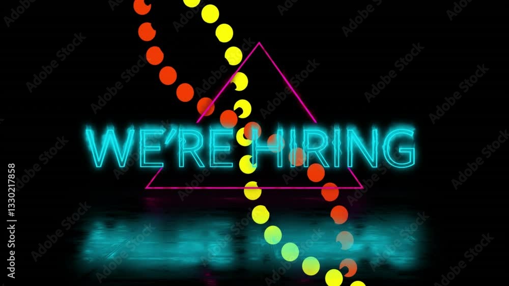 Poster Animation of We're Hiring text with colorful dots and triangle on dark background