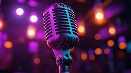 Retro microphone stands on stage in a spotlight, ready for performance