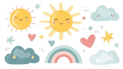 Cute sun, clouds, stars, and rainbow design