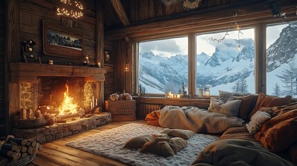 Cozy cabin interior with fireplace and snowy mountain view from large window