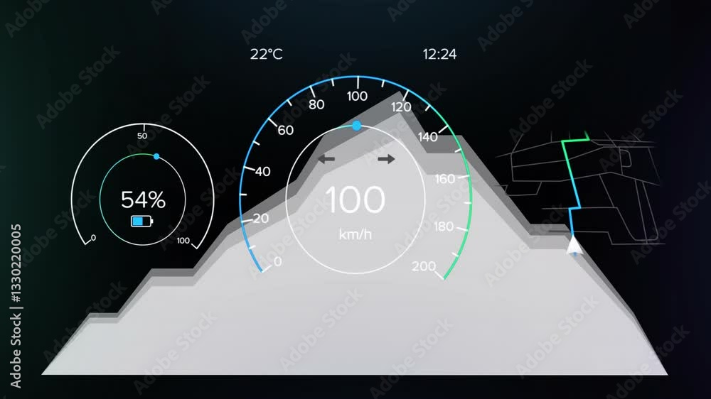 Poster animation of vehicle dashboard displaying speedometer, battery level, and temperature