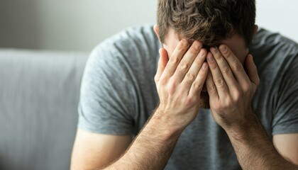 Fototapeta premium Man suffering from emotional breakdown, sitting alone on a sofa, hands covering his face, reflecting deep sadness and frustration