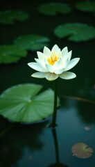 Waterlily pond with single large white flower, nature, blooming, lake