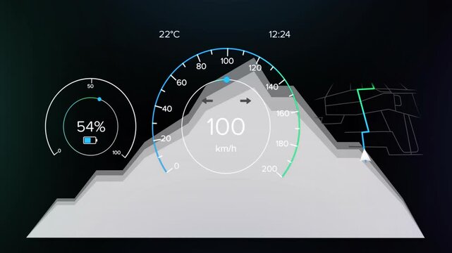 Animation of vehicle dashboard displaying speedometer, battery level, and temperature