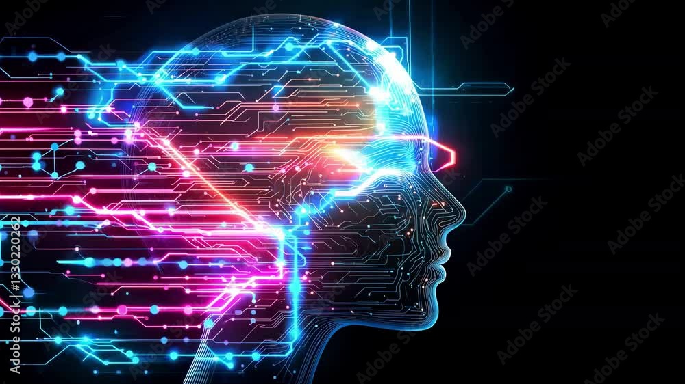Poster a human head silhouette contains bright neon circuits with connecting lines, representing the concep