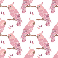 Seamless pattern, hand-drawn pink parrot birds on a branch on a white background. Print, textile © Tatiana