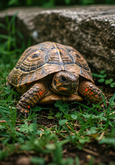 Obraz premium Close-up of a land tortoise walking on grass near a stone, showing intricate shell patterns and textured natural details